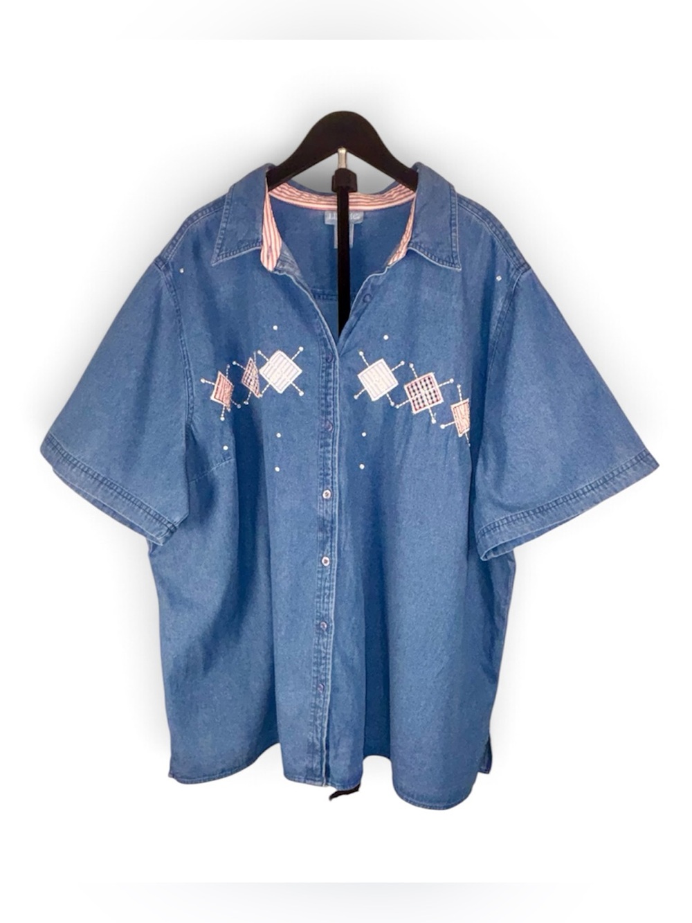 Liz & Me Denim Button-Down Shirt Red White Blue Embroidery Country Western